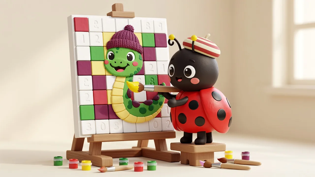 Dot the ladybird, in a striped painter's cap, holding a paintbrush and a palette
